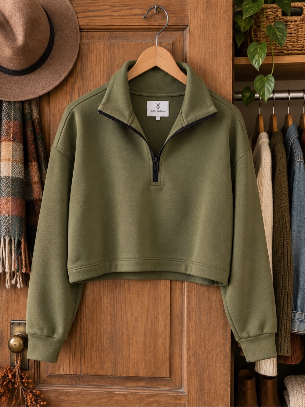 Dudley Stephens Dunning Pullover L Army Green Power Stretch Cropped Quarter Zip